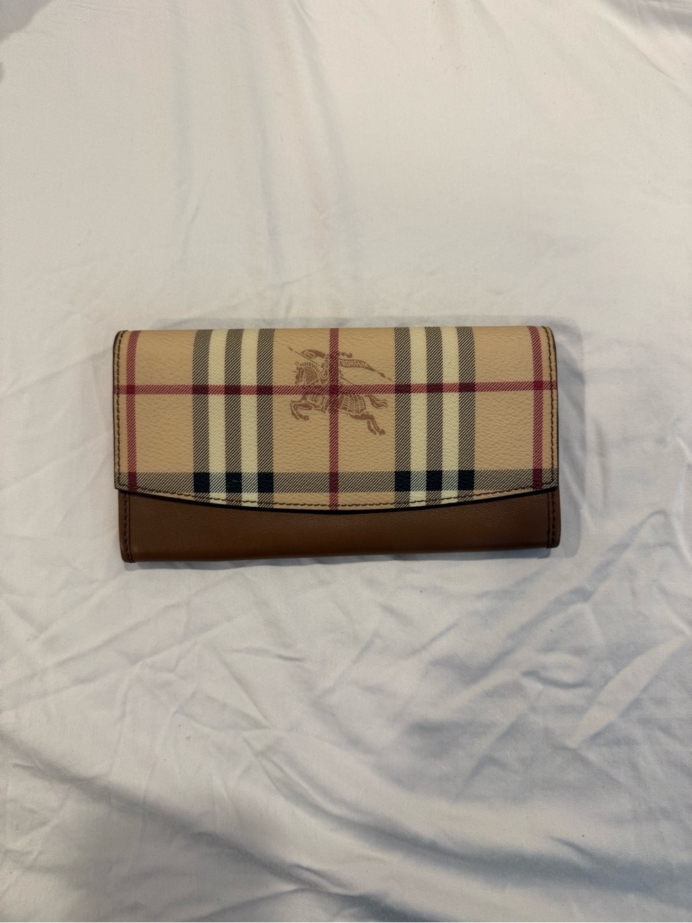 Burberry Beige Plaid Leather Trim Long Wallet